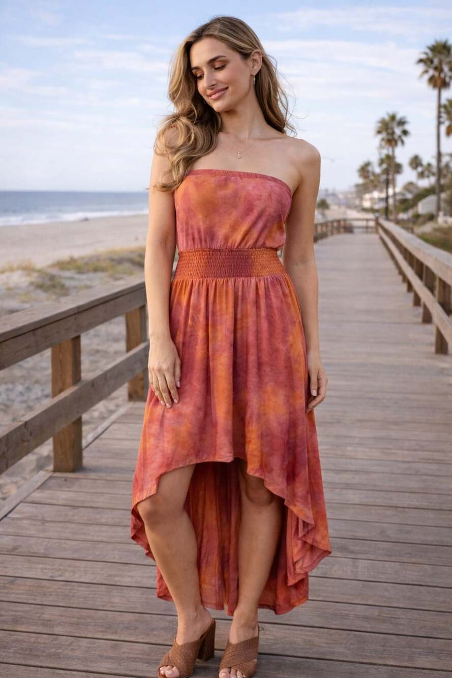 NWT ninexis Tie Dye Strapless Smocked High-Low Maxi Dress